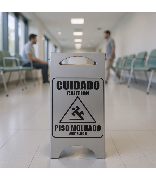 Placa Sinalizadora em Aço inox 'Piso Molhado'
