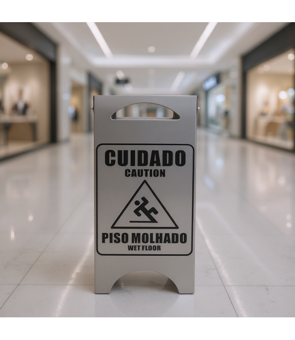 Placa Sinalizadora em Aço inox 'Piso Molhado'