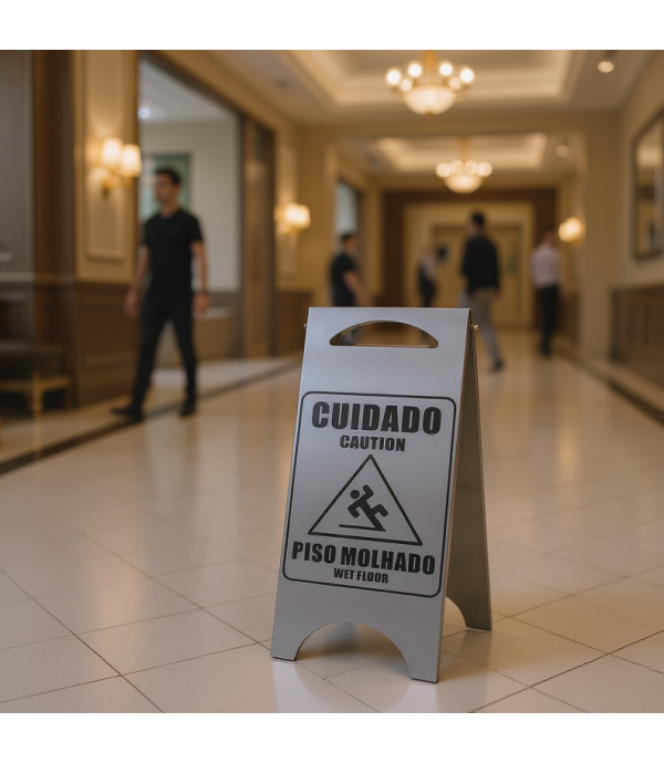 Placa Sinalizadora em Aço inox 'Piso Molhado'