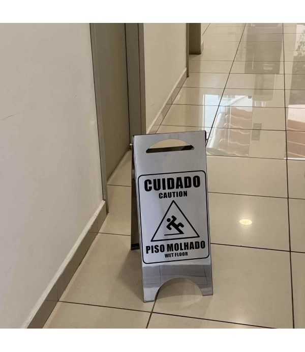 Placa Sinalizadora em Aço inox 'Piso Molhado'