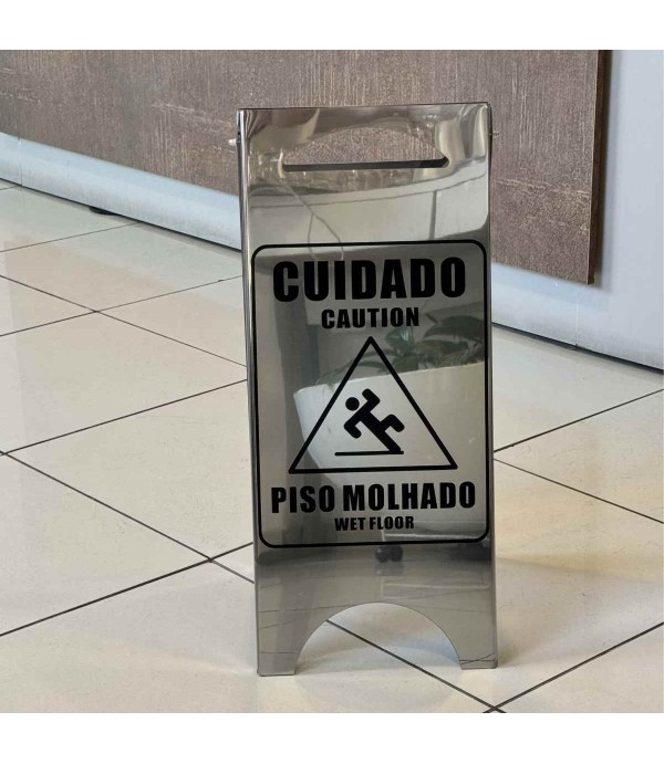 Placa Sinalizadora em Aço inox 'Piso Molhado'